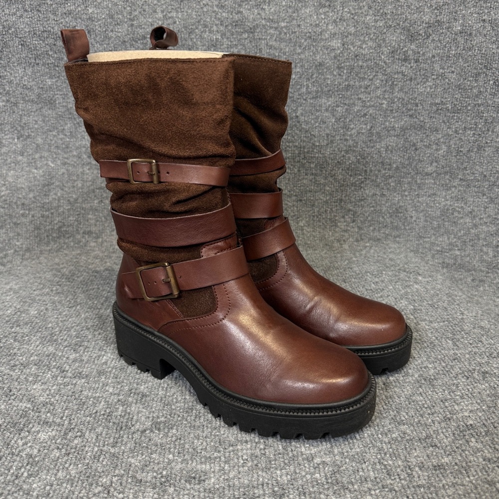 Miz Mooz Womens Sz 38 US 7.5 Mid Boots Saige Brown Leather Buckled Inner Zipper
